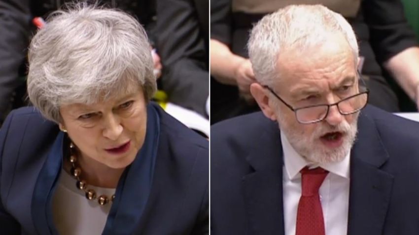 Theresa May, left, and Jeremy Corbyn, right, debate in the House of Commons in London on Wednesday, April 3.