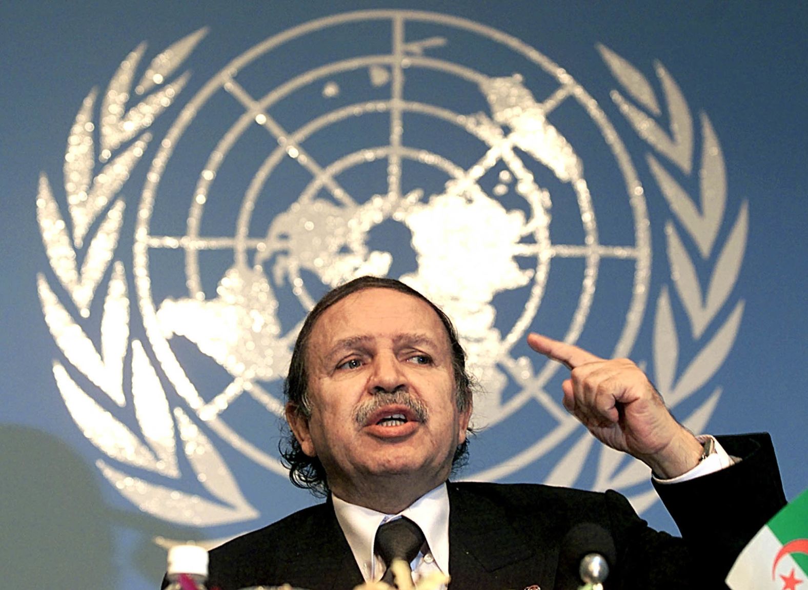 Bouteflika speaks during the United Nations Conference on Trade and Development in February 2000. Bouteflika launched a passionate attack on the West, accusing it of trying to wipe Africa off the world map by blindly pursuing economic globalization.