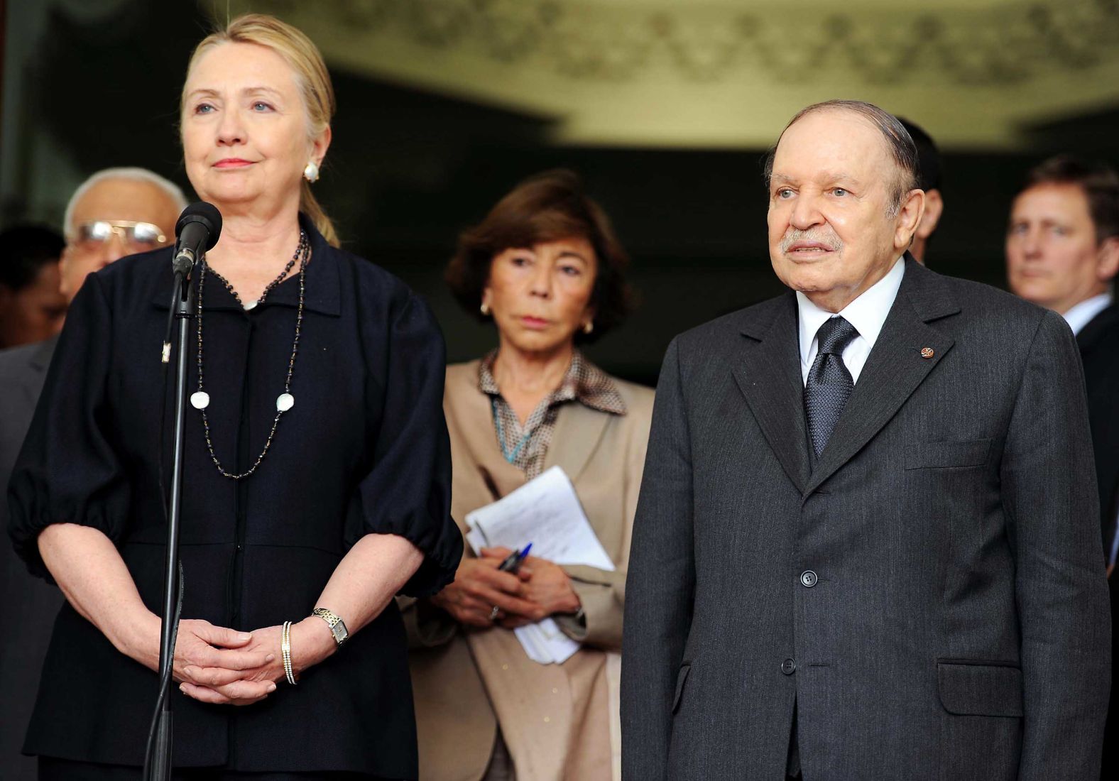 US Secretary of State Hillary Clinton appears at a news conference with Bouteflika following a meeting in Algiers in October 2012. Clinton held talks with Bouteflika to press for a possible military intervention in neighboring Mali, where Islamic extremists controlled large areas.