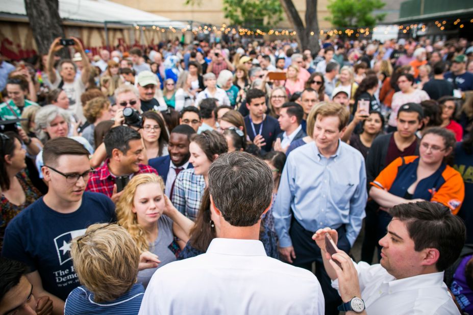 O'Rourke meets with supporters following a speech in Austin, Texas, in April 2017. O'Rourke announced that he would not be seeking re-election in 2018, choosing instead to run for the US Senate seat held by Republican Ted Cruz.