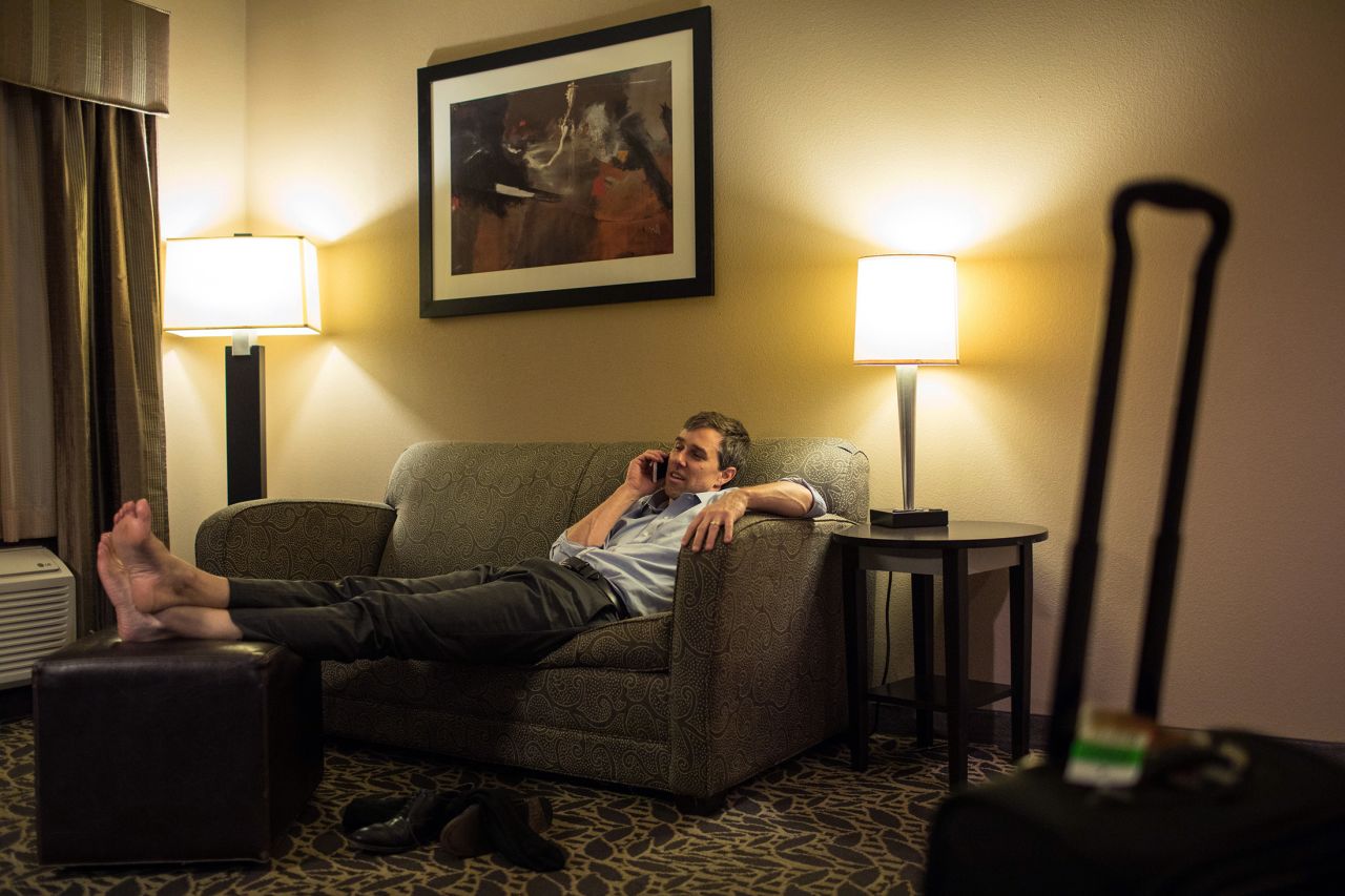 O'Rourke talks to his wife from a hotel room in Bay City, Texas, in February 2018.