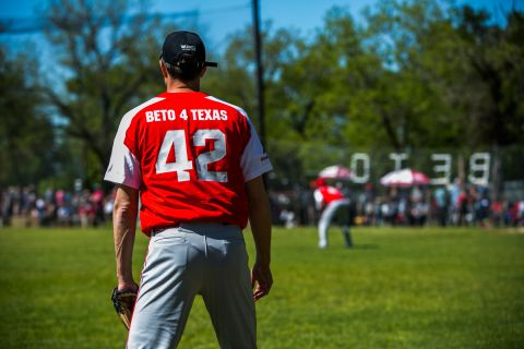 O'Rourke plays in a fundraiser baseball game in April 2018.