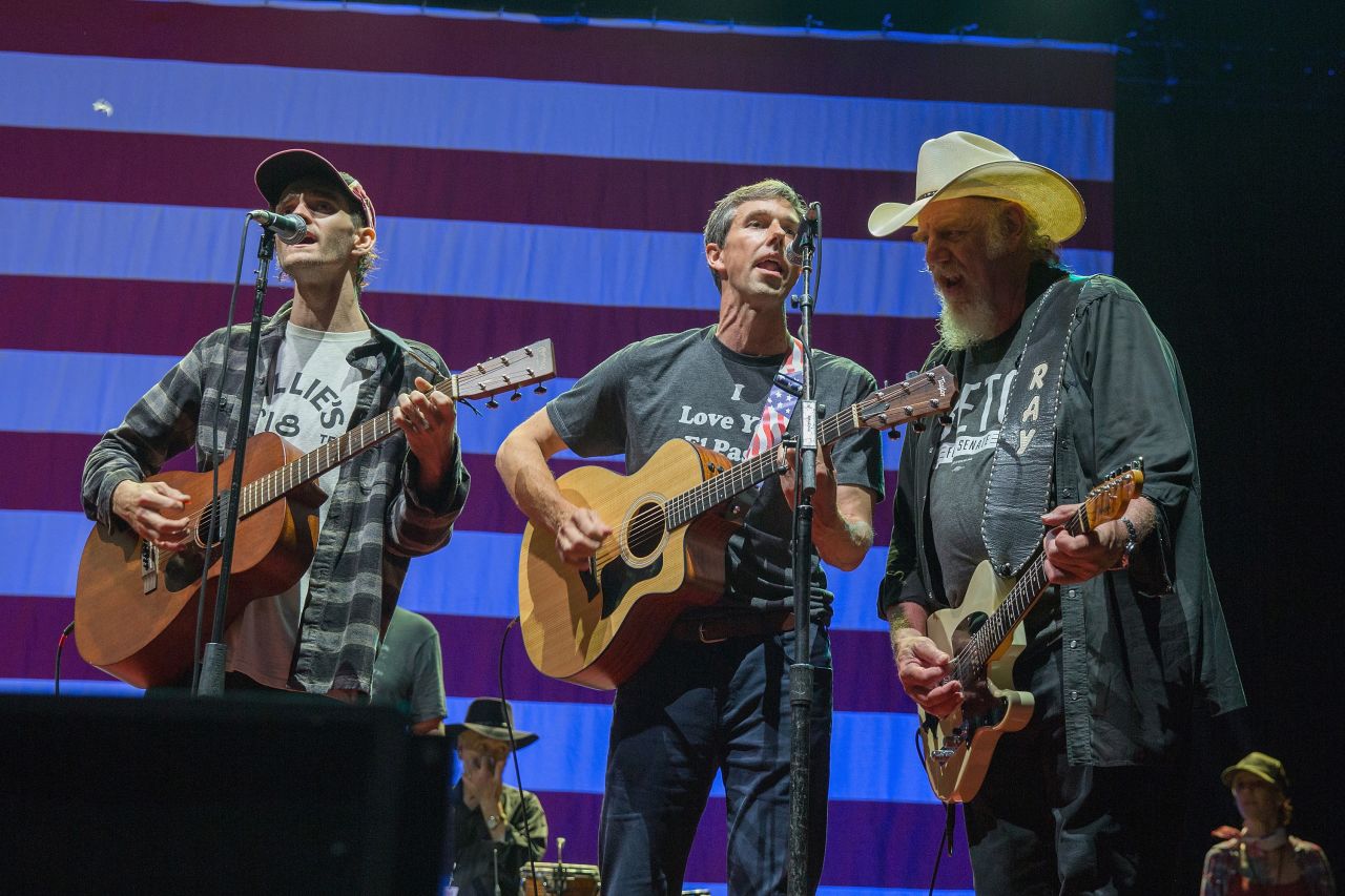 O'Rourke performs with Micah Nelson, left, and Ray Benson during the 45th annual Willie Nelson 4th of July Picnic in July 2018.
