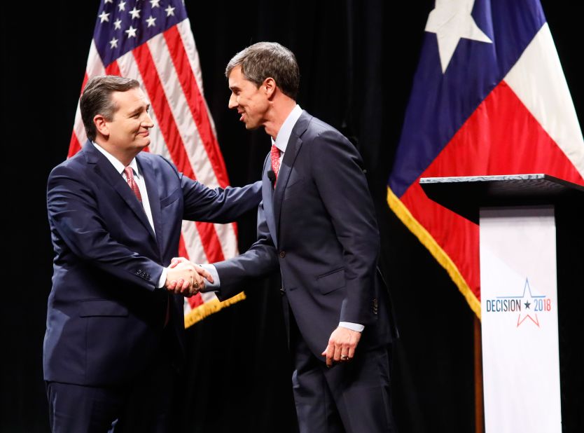 O'Rourke shakes hands with US Sen. Ted Cruz at a debate in Dallas in September 2018.
