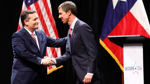 Ted Cruz  and  Beto O'Rourke shake hands after a debate at McFarlin Auditorium at SMU on September 21, 2018 in Dallas, Texas.