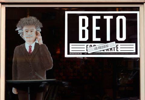 A campaign poster for O'Rourke is displayed in a store window in Santa Fe, New Mexico, in January 2019. It was a couple of months before O'Rourke confirmed that he would be running for president.
