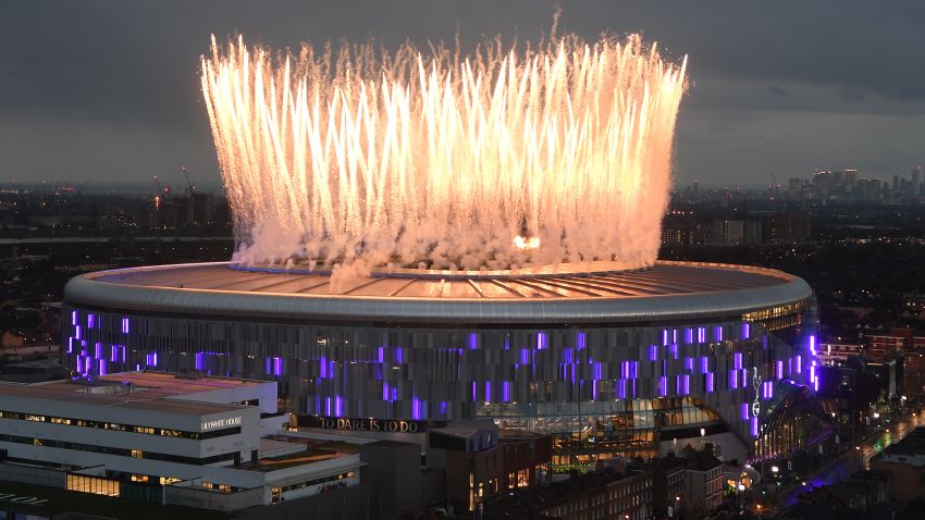 LONDON, ENGLAND - APRIL 03: Fireworks explode above the new Tottenham Hotspur Stadium ahead of the Premier League match between Tottenham Hotspur and Crystal Palace at Tottenham Hotspur Stadium on April 03, 2019 in London, United Kingdom. (Photo by Mike Hewitt/Getty Images)