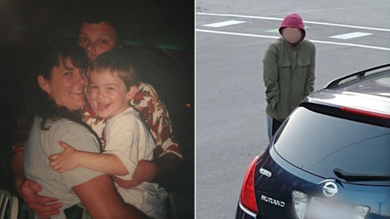 Timmothy Pitzen, shown in an undated photo with his mother Amy, disappeared in 2011. The photo at right is of the individual spotted by Newport, Kentucky, residents.