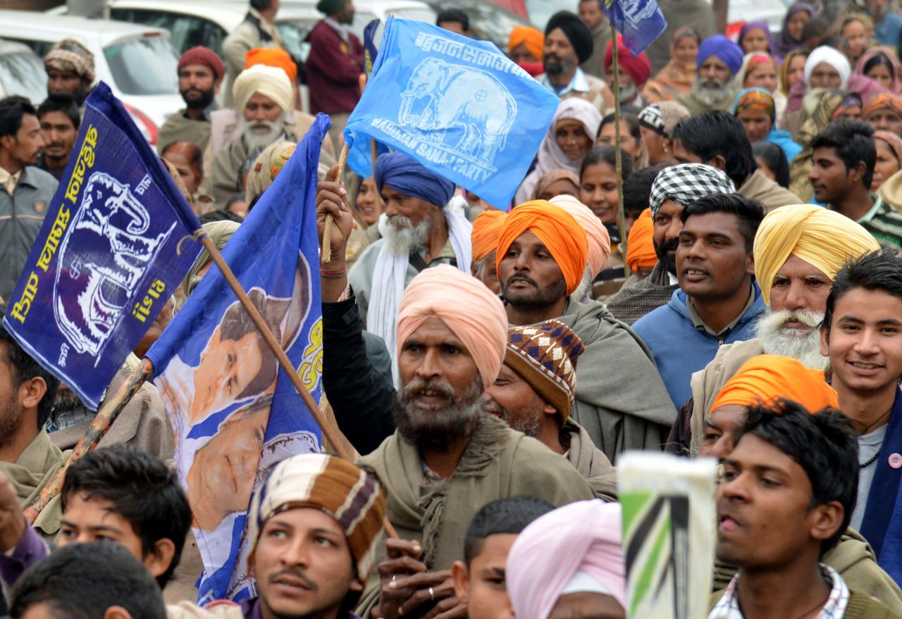 Activists from the Bahujan Samaj Party (BSP) wave flags bearing the group's elephant symbol during a 2014 protest.