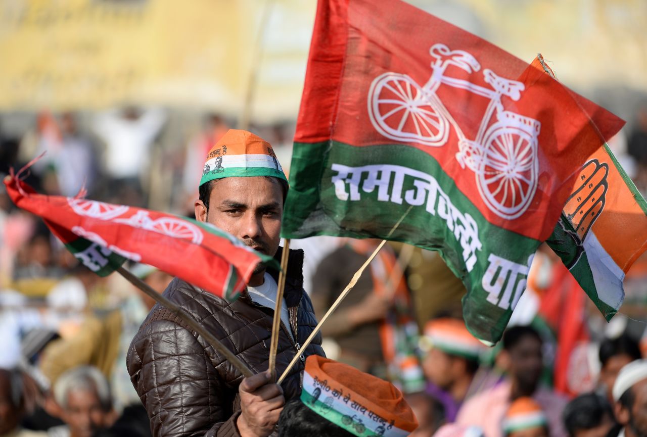 The Samajwadi Party's bicycle symbol pictured on a flag during a 2017 rally. Assigned by the Electoral Commission of India, party symbols can be important campaigning tools.