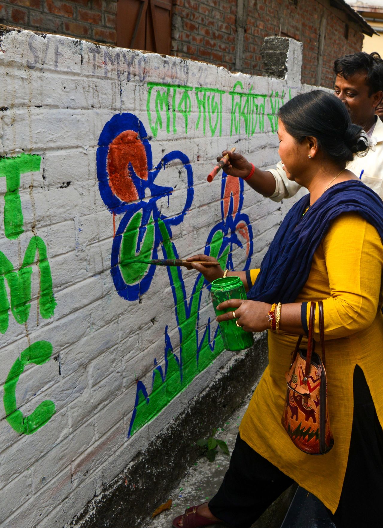 Supporters of the All India Trinamool Congress (TMC) paint the party's symbol on a wall ahead of the 2019 general election.