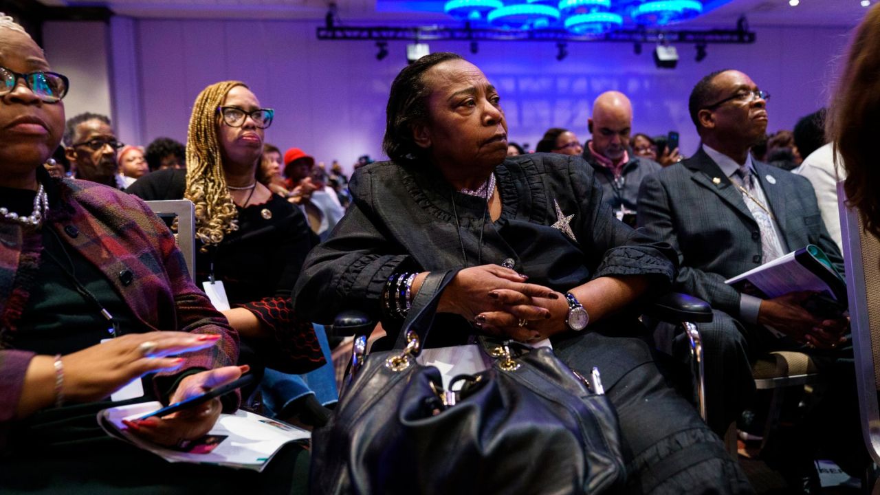 Attendees listen to speakers at the National Action Network's annual convention, April 3, 2019 in New York City.