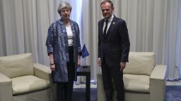 President of the European Council Donald Tusk poses with British Prime Minister Theresa May during a bilateral meeting on February 24, 2019, on the sidelines of the first joint European Union and Arab League summit in the Egyptian Red Sea resort of Sharm el-Sheikh. (Photo by Francisco Seco / POOL / AFP)        (Photo credit should read FRANCISCO SECO/AFP/Getty Images)