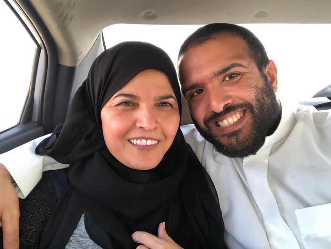 Salah al-Haidar and his mother Aziza al-Yousef in a car after a Saudi court granted her temporary release in March. Yousef is a prominent women's rights defender who spent nearly a year behind bars. Haidar was arrested on April 4, around two weeks after his mother's release.