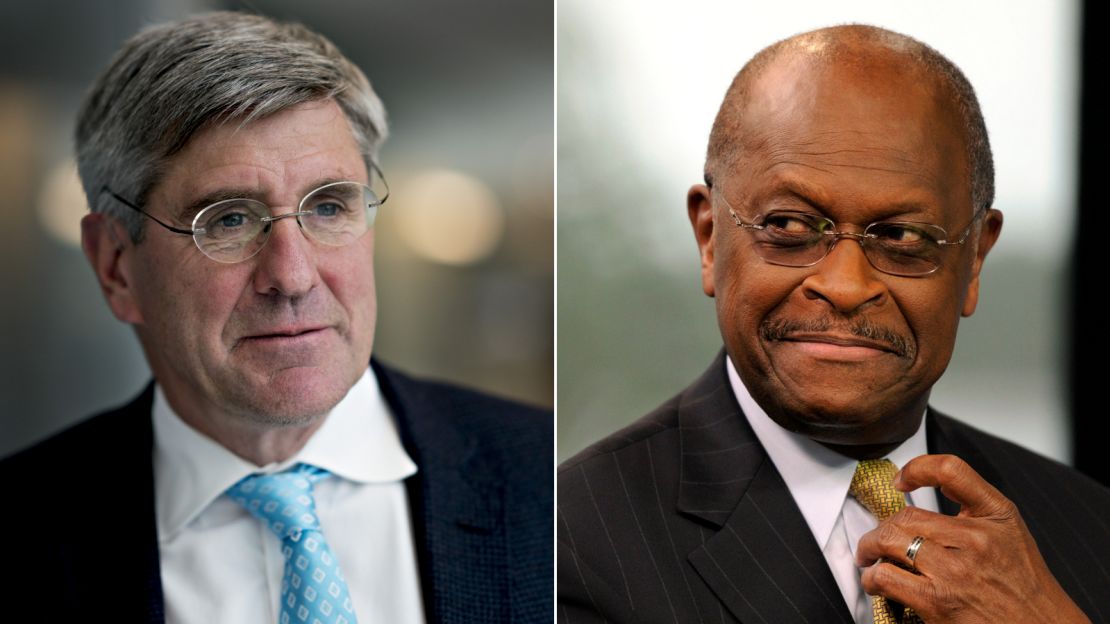 Former Trump campaign adviser Stephen Moore (left) recently called for the Fed to immediately slash interest rates. Herman Cain (right) previously pushed for the United States to return to the gold standard.