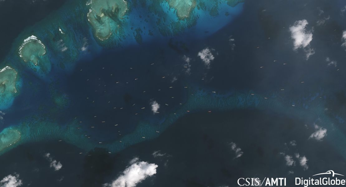 A satellite photo from December 20, 2018, showing the fleet of Chinese ships in the area around Thitu Island.