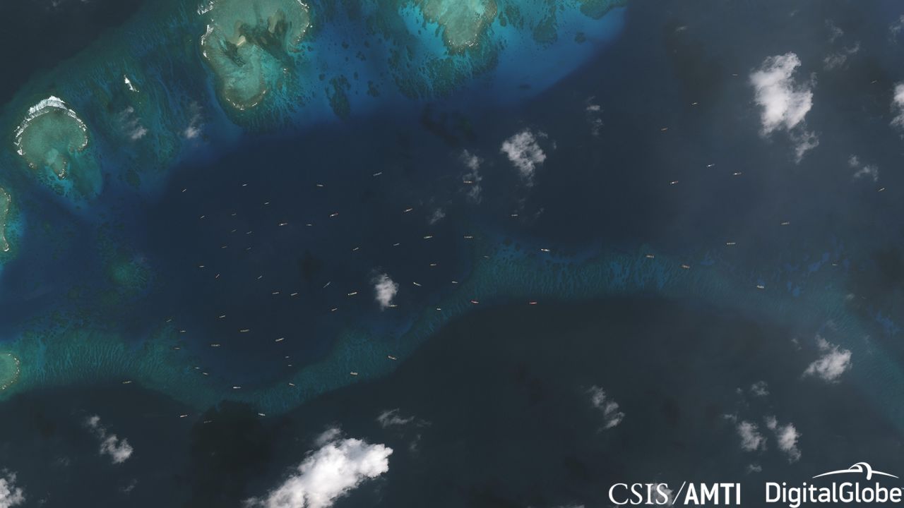 A satellite photo from December 20, 2018, showing the fleet of Chinese ships in the area around Thitu Island.