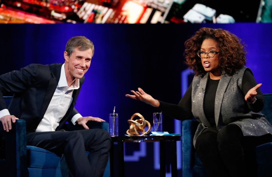 O'Rourke talks with Oprah Winfrey at an event in New York in February 2019.