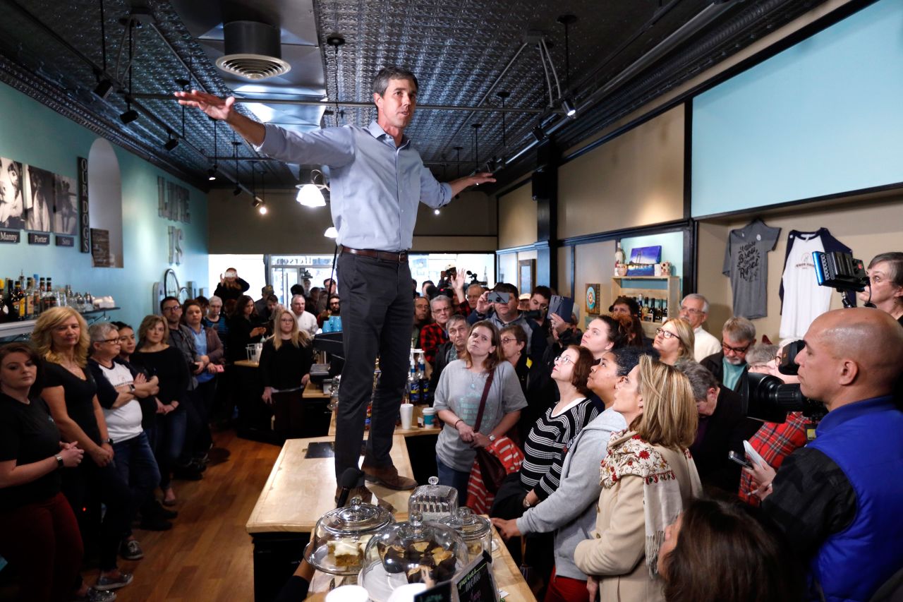 O'Rourke speaks to residents of Burlington, Iowa, during a meet-and-greet event at the Beancounter Coffeehouse & Drinkery in March 2019. O'Rourke announced that day that he would be running for president.