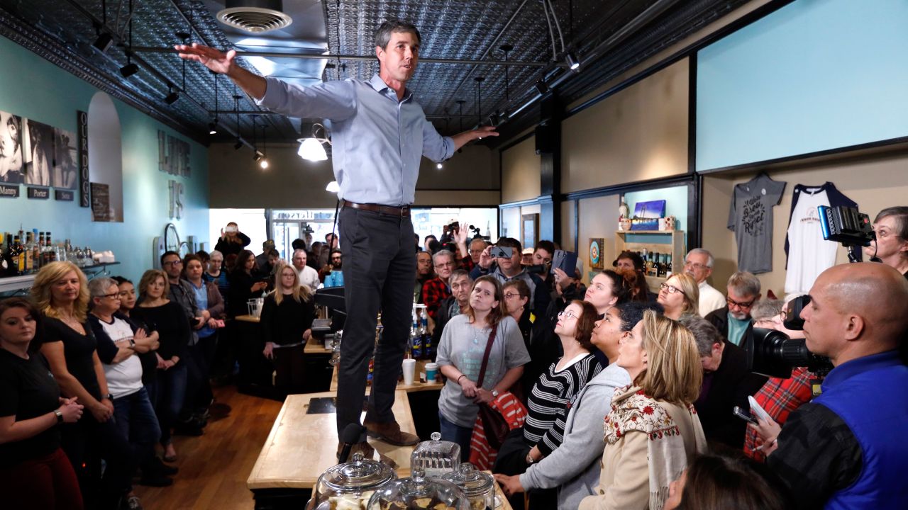 Beto O'Rourke speaks to local residents during a meet and greet at the Beancounter Coffeehouse & Drinkery, Thursday, March 14, 2019, in Burlington, Iowa.