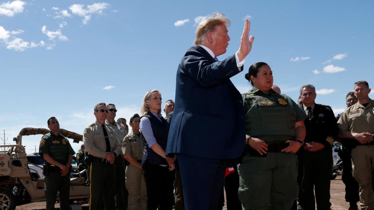 President Donald Trump speaks as he visits a new section of the border wall with Mexico in Calexico, Calif., Friday April 5, 2019. (AP Photo/Jacquelyn Martin)