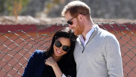 Meghan, Duchess of Sussex and Prince Harry, Duke of Sussex watch students play football in Asni, Morocco, on February 24, 2019.