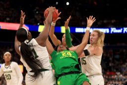 Baylor's defense, including this block by Kalani Brown on Ruthy Hebard, has the Bears in the championship game.