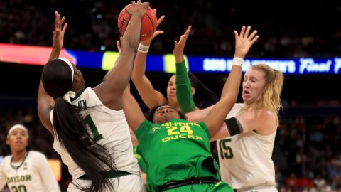 Baylor's defense, including this block by Kalani Brown on Ruthy Hebard, has the Bears in the championship game.