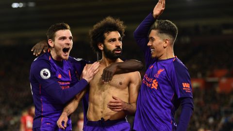 Liverpool's Egyptian midfielder Mohamed Salah celebrates after a wonderful goal.