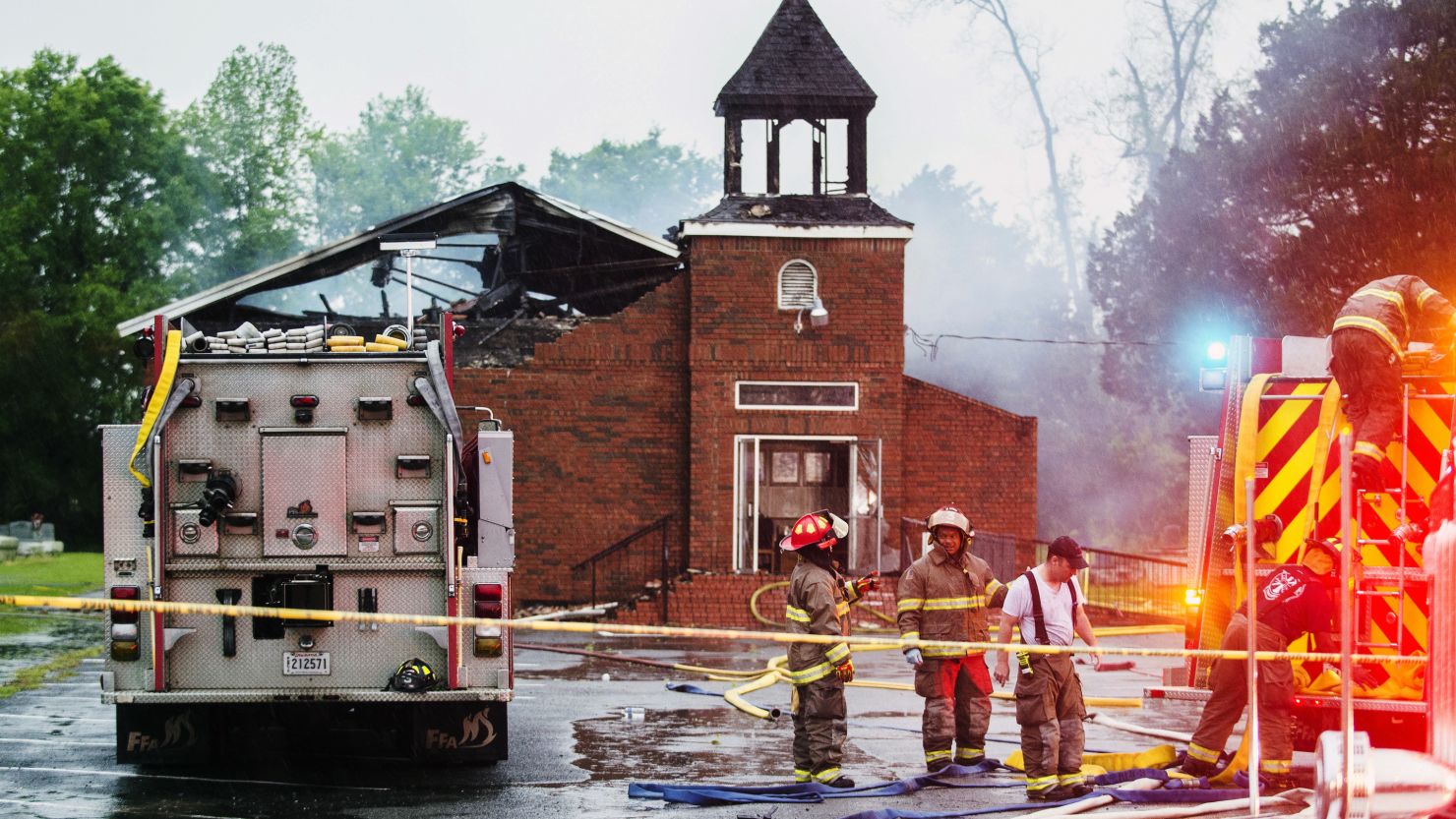 Firefighters respond to a fire at Mount Pleasant Baptist Church on April 4 in Opelousas, Louisiana.