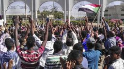 Sudanese protesters shout slogans in front of the military headquarters in the capital Khartoum on April 6, 2019. - Protests have rocked the east African country since December, with angry crowds accusing Bashir's government of mismanaging the economy that has led to soaring food prices and regular shortages of fuel and foreign currency. (Photo by - / AFP)        (Photo credit should read -/AFP/Getty Images)