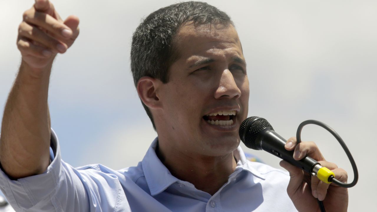 CARACAS, VENEZUELA - APRIL 06: Venezuelan opposition leader Juan Guaido attends a rally with supporters on April 6, 2019 in Caracas, Venezuela. Venezuelan opposition leader Juan Guaido, recognized by many members of the international community as the country's rightful interim ruler, called for protests throughout Venezuela to put pressure on Nicolas Maduro to resign as part of the Operacion Libertad plan. As an answer to this, Diosdado Cabello, head of the National Constituent Assembly conducts another demonstration. On April 2nd, National Constituent Assembly has backed a Supreme Court request to strip Juan Guaido of his immunity. (Photo by Marco Bello/Getty Images)