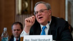 David Bernhardt, a former oil and gas lobbyist, speaks before the Senate Energy and Natural Resources Committee at his confirmation hearing to head the Interior Department, on Capitol Hill in Washington, Thursday, March 28, 2019. (AP Photo/J. Scott Applewhite)