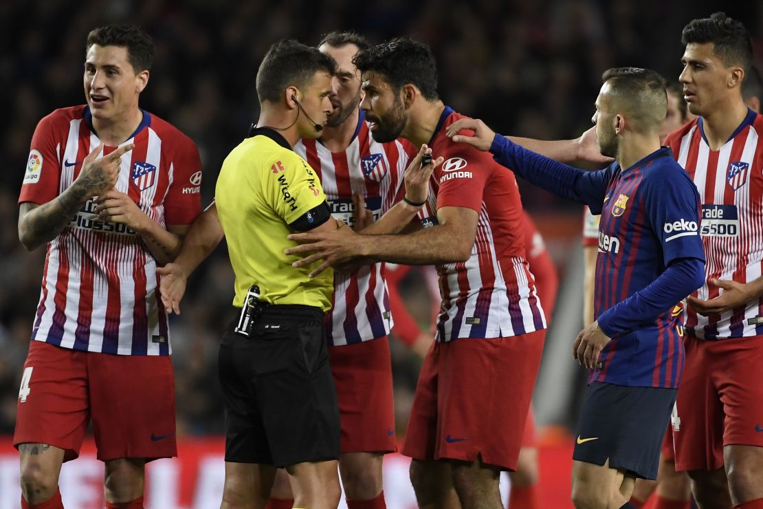 Diego Costa saw red for Atletico Madrid against Barcelona after appearing to say something to the referee. 