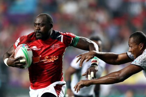 Bush Mwale of Kenya makes a break on day one of the Hong Kong Sevens rugby tournament.