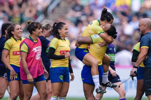 Brazil's team celebrates after defeating Scotland in the Hong Kong Sevens women's final on Friday, April 5.