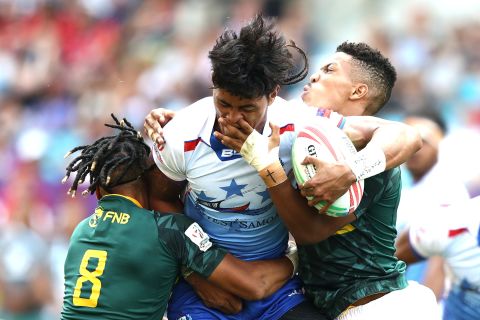 John Vaili of Samoa charges forward against South Africa on day two of the Hong Kong Sevens.