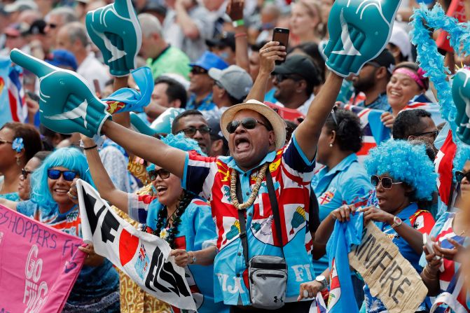 Fiji's rugby fans cheer during the Hong Kong Sevens rugby tournament in Hong Kong.