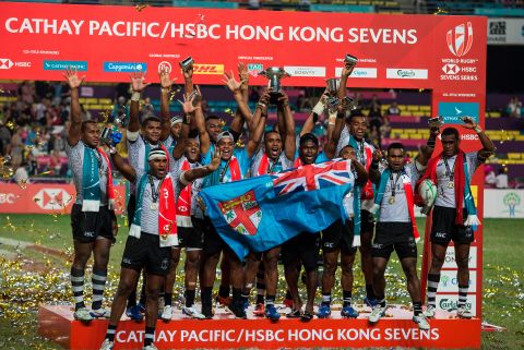Fiji's team celebrates after winning the Hong Kong Sevens final against France.