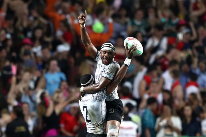 Vilimoni Botitu of Fiji celebrates after his team beat France in the Hong Kong Sevens rugby tournament final on Sunday, April 7, in Hong Kong.