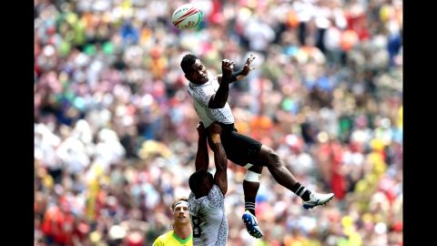 Jerry Tuwai of Fiji loses the ball against Australia on day two of the Hong Kong Sevens.
