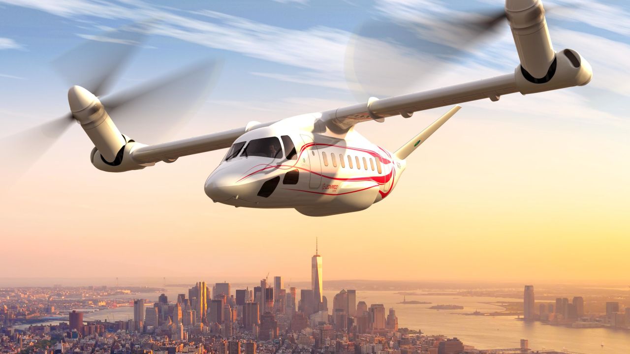 An artist's illustration of Leonardo's Next-Gen Civil Tiltrotor concept aircraft.