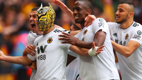 Raul Jimenez dons a mask after scoring for Wolves in the FA Cup semifinals. 