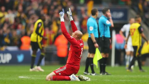 Watford keeper Heurelho Gomes celebrates after Watford's win over Wolves on Sunday. 