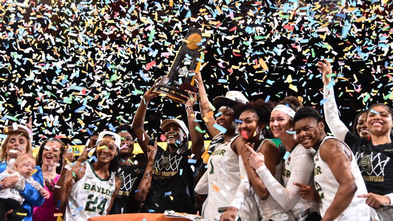 Kalani Brown of the Baylor Lady Bears, center, hoists the National Championship trophy with her teammates after defeating the Notre Dame Fighting Irish in the championship game of the 2019 NCAA Tournament at Amalie Arena in Tampa, Florida, on Sunday, April 7. Baylor, the top overall seed of the tournament, defeated the Irish 82-81 to earn its <a href="index.php?page=&url=https%3A%2F%2Fwww.cnn.com%2F2019%2F04%2F07%2Fsport%2Fncaa-womens-basketball-championship%2Findex.html" target="_blank">third national title</a> and first since 2012.
