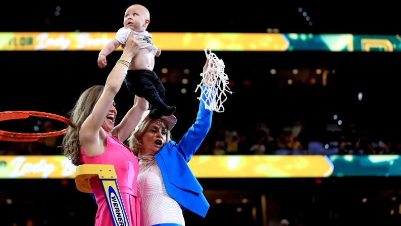 Baylor head coach Kim Mulkey, right, and her daughter Makenzie Marie Robertson celebrate with grandson Kannon Reid Fuller after <a href="index.php?page=&url=https%3A%2F%2Fbleacherreport.com%2Farticles%2F2830095-chloe-jackson-baylor-beat-notre-dame-to-win-2019-ncaa-womens-championship" target="_blank" target="_blank">winning the NCAA National Championship</a> basketball game over the Notre Dame Fighting Irish at Amalie Arena on April 7.