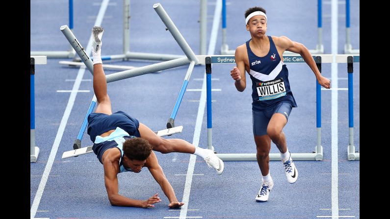 From left, Theo Kidd of New South Wales stumbles over a hurdle while competing in the Under 17 Mens 110 Meter Hurdles during the Australian Track and Field Championships at Sydney Olympic Park Athletic Centre on April 5.