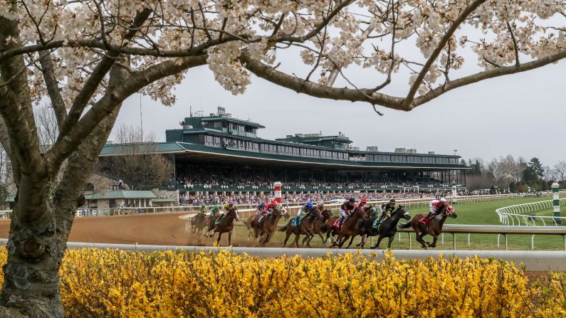 Horses round a turn during the third race on the opening day of the spring meet at Keeneland racecourse in Lexington, Kentucky, on Thursday, April 4.