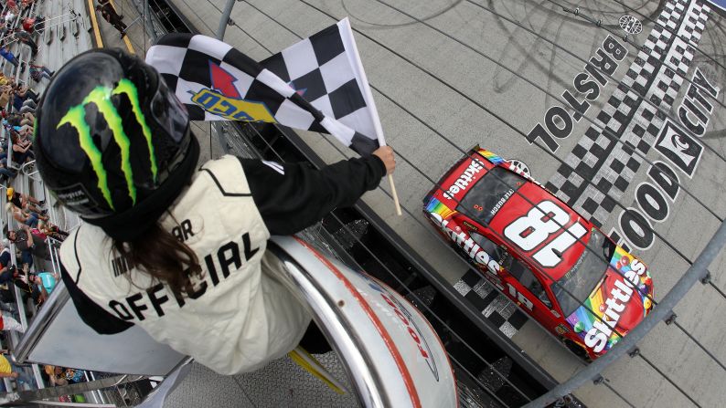 Kyle Busch crosses the finish line to win the Monster Energy NASCAR Cup Series Food City 500 at Bristol Motor Speedway on Sunday, April 7.