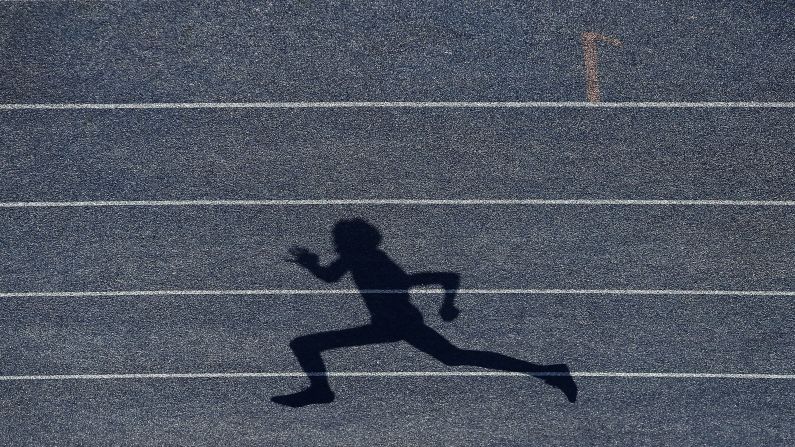 The shadow of a runner is seen on the track during the men's U17 400 Meter Hurdles of the Australian Track and Field Championships at Sydney Olympic Park Athletic Centre on April 7.